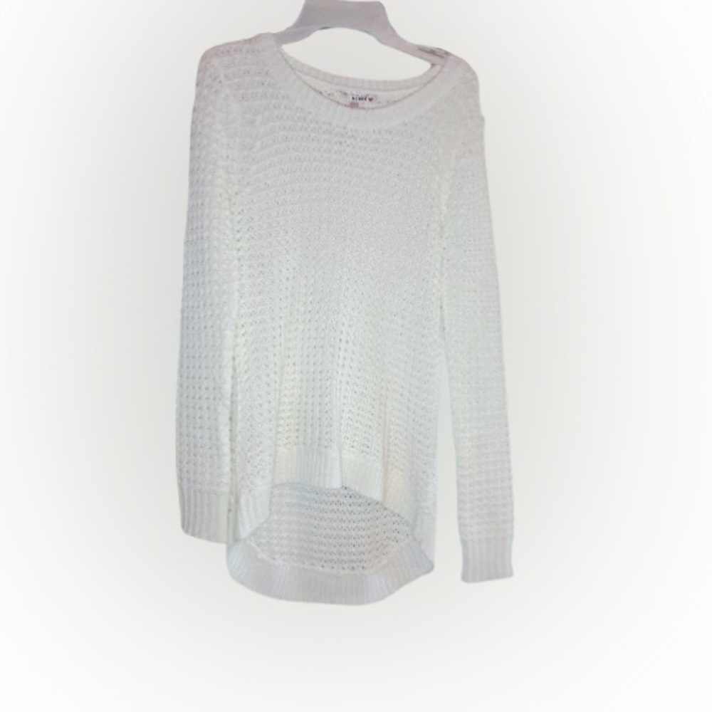 White Open Knit Long Sleeve Sweater with High-Low Hem